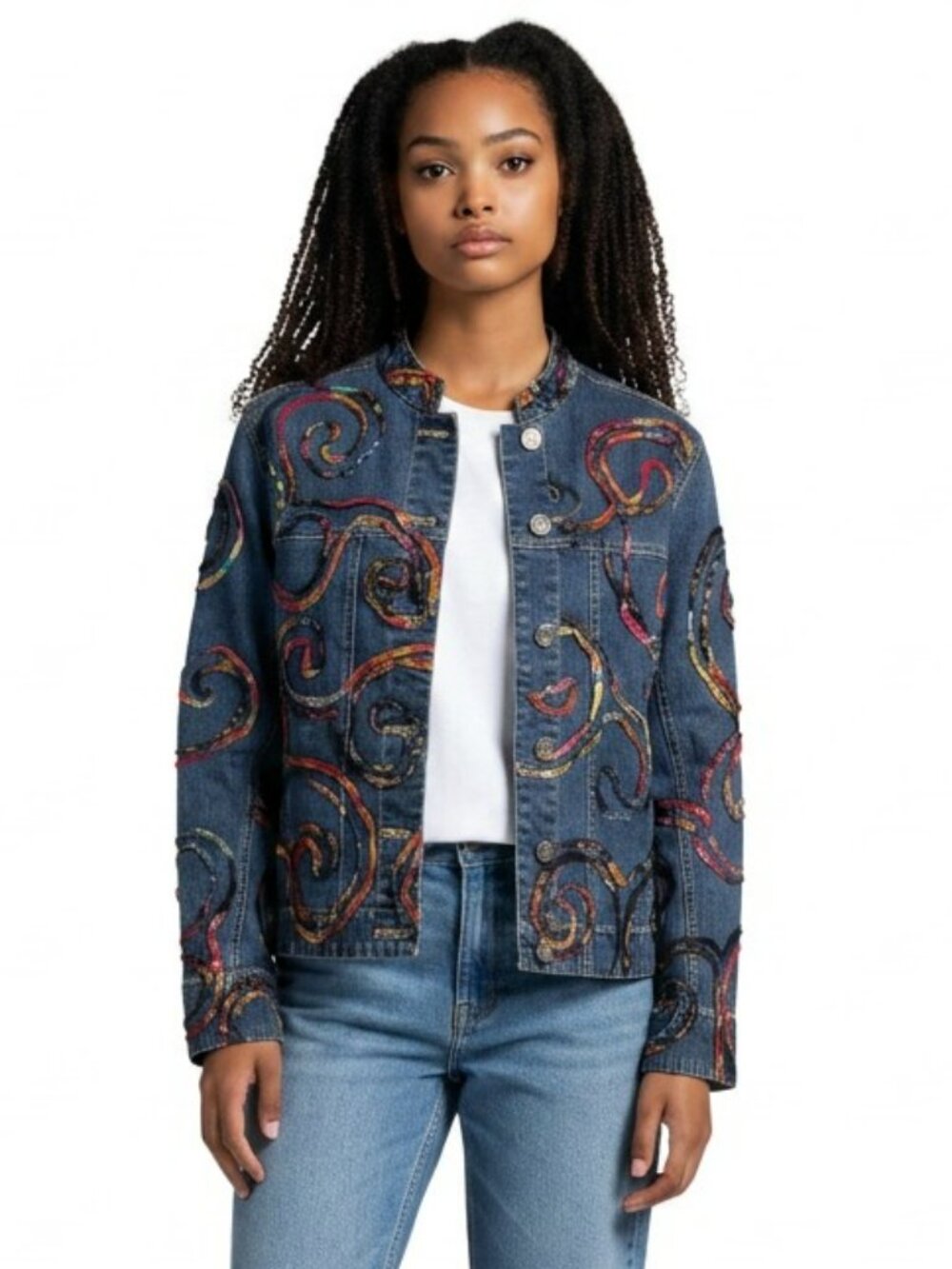 Chicos Womens Size 0 Small Colorful Swirls Trim Button Front Denim Jean Jacket